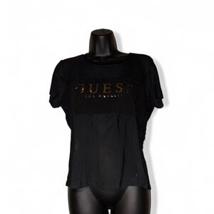 Guess Women's Black Tee with Gold Logo